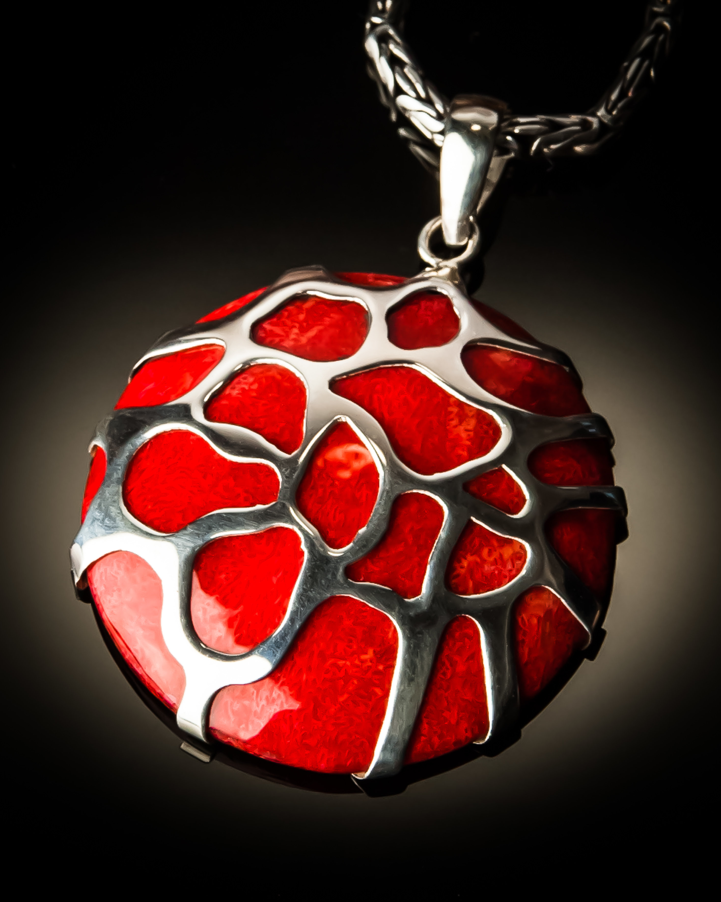 Red Coral Sterling Silver Cobweb Pendant P-08006 Red coral