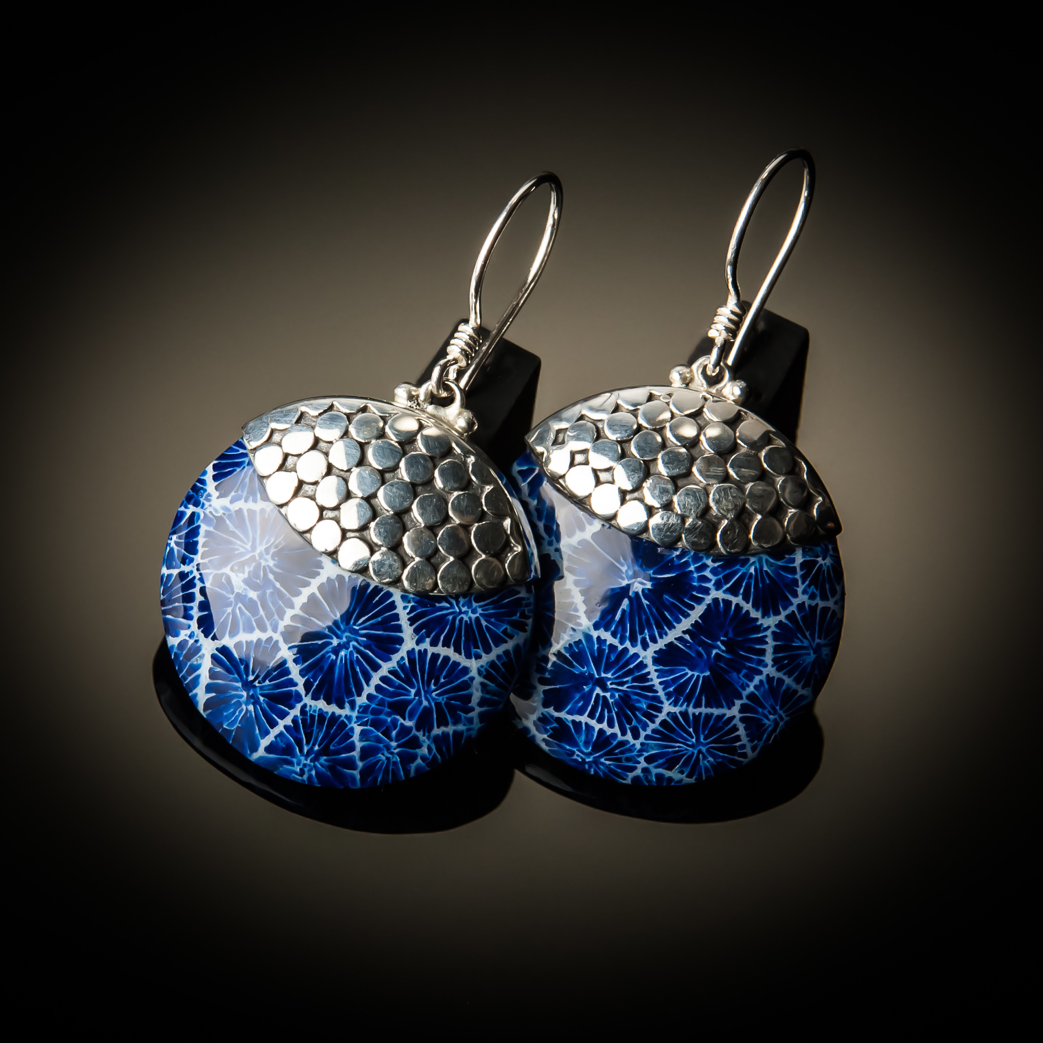 Blue Coral Round Sterling Silver Earrings ER-09055 Blue coral