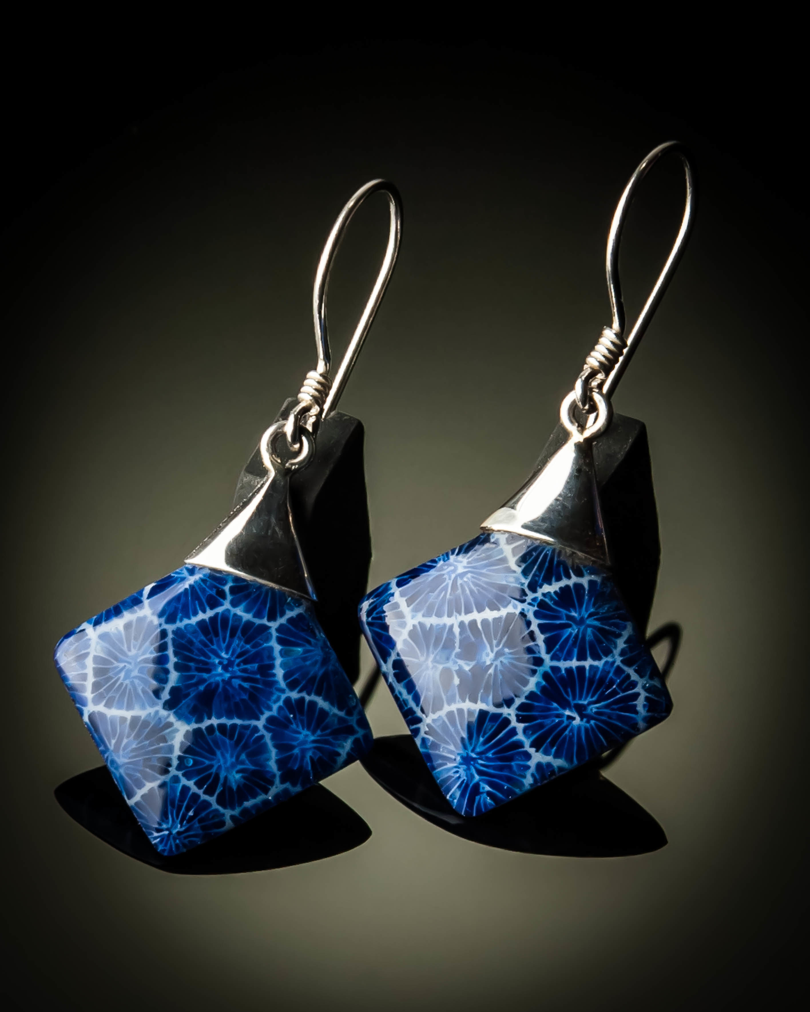 Blue Coral Diamond Shaped Sterling Silver Earrings ER-09012L-Blue coral