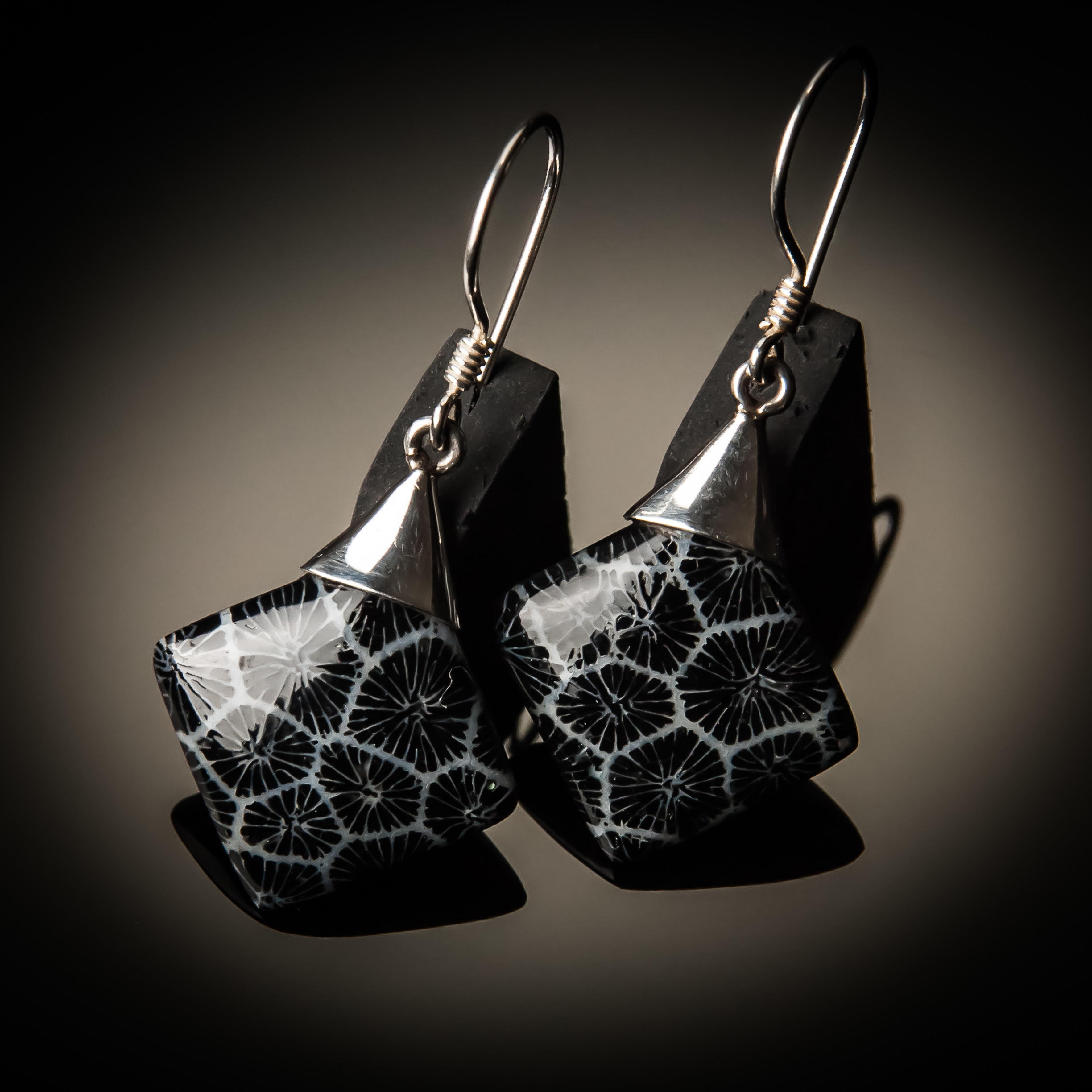 Black Coral Sterling Silver Earrings ER-09012L-Black coral
