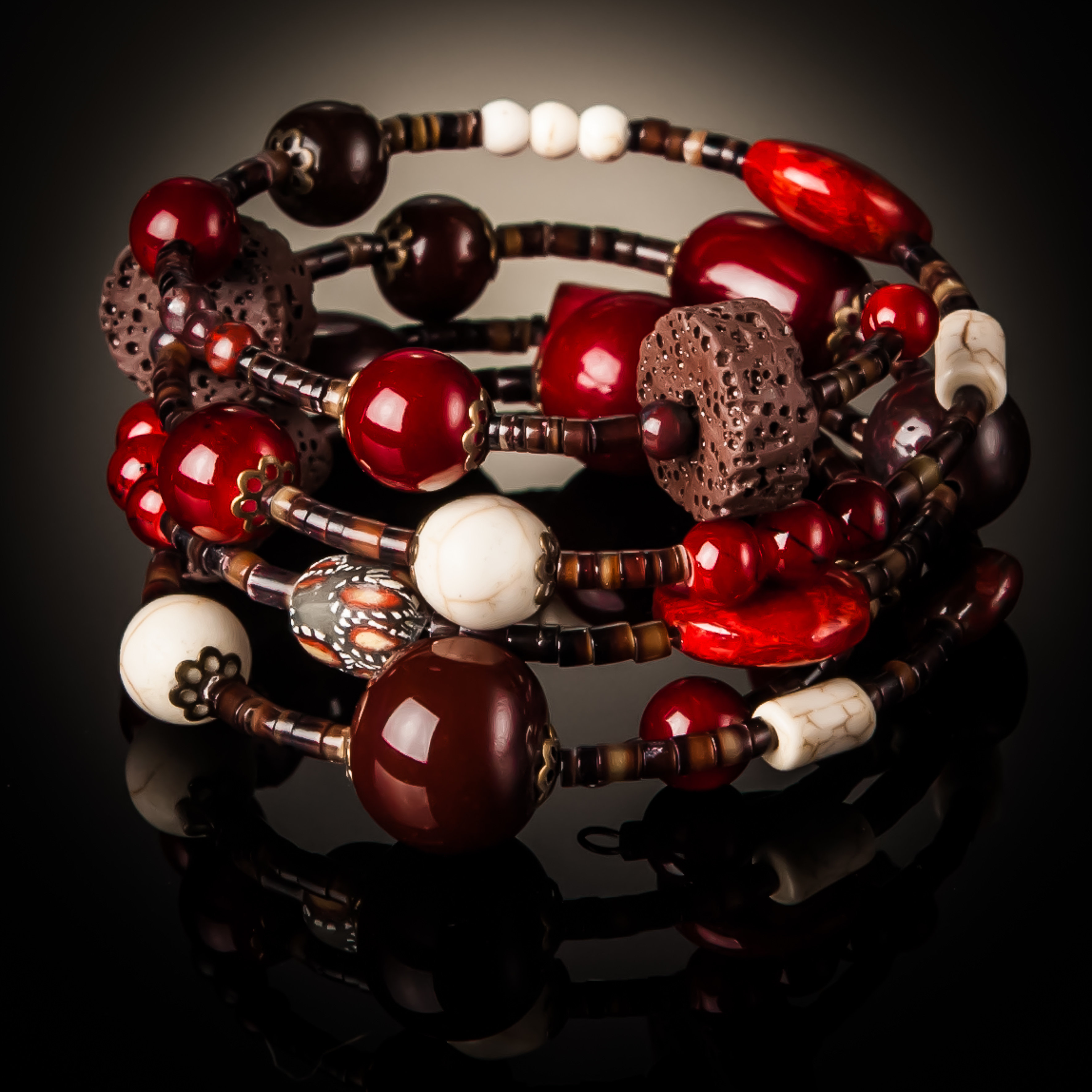 Red Coral Brown Bead Twist Bracelet 993