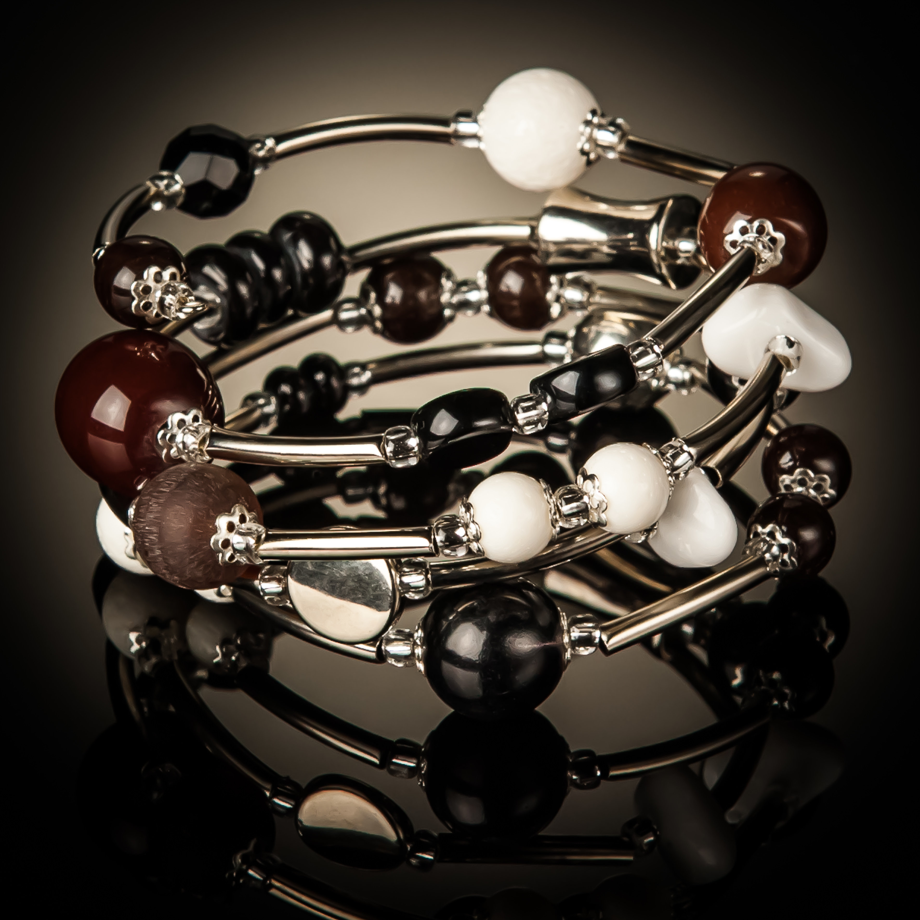 White Coral Brown Black Bead Twist Bracelet 983