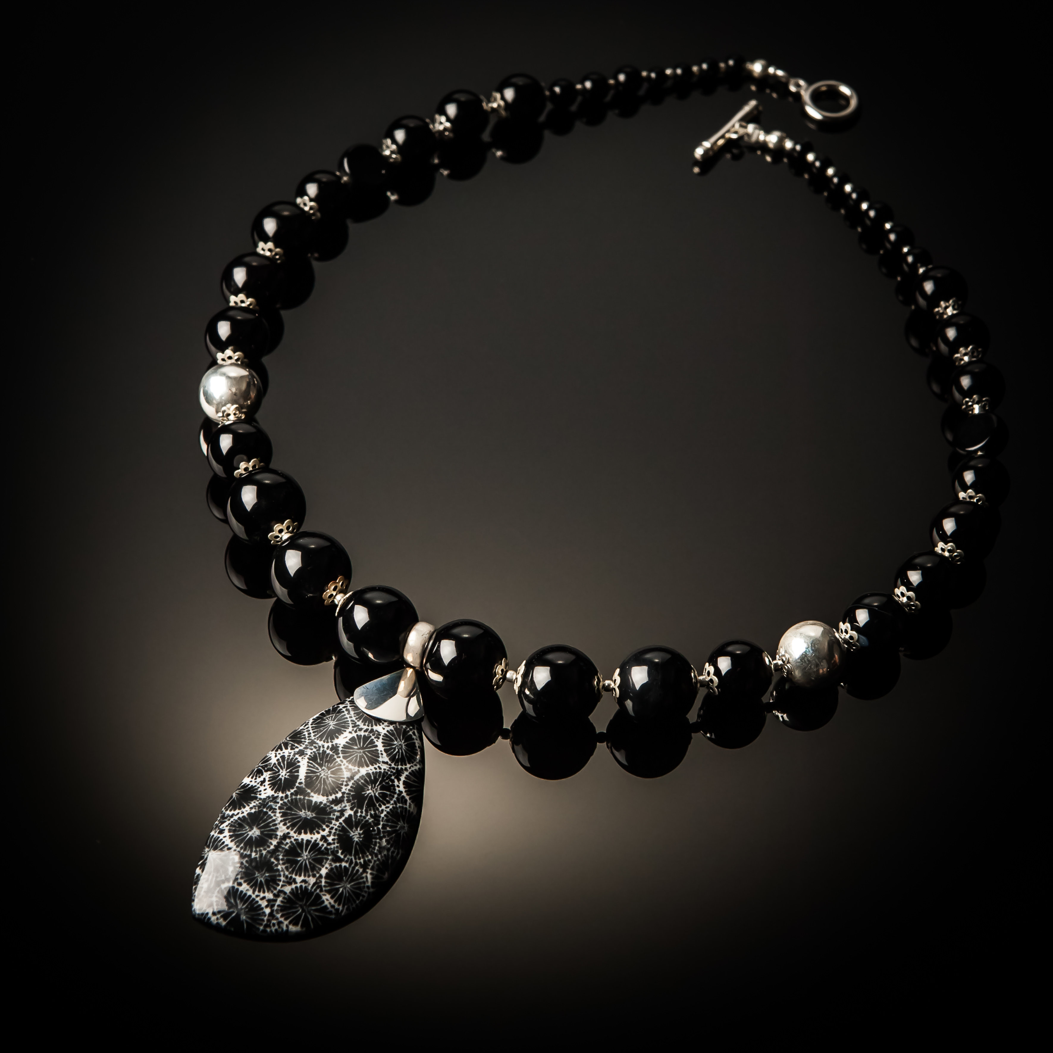 Black Coral Black Agate Sterling Silver Necklace 932Blk