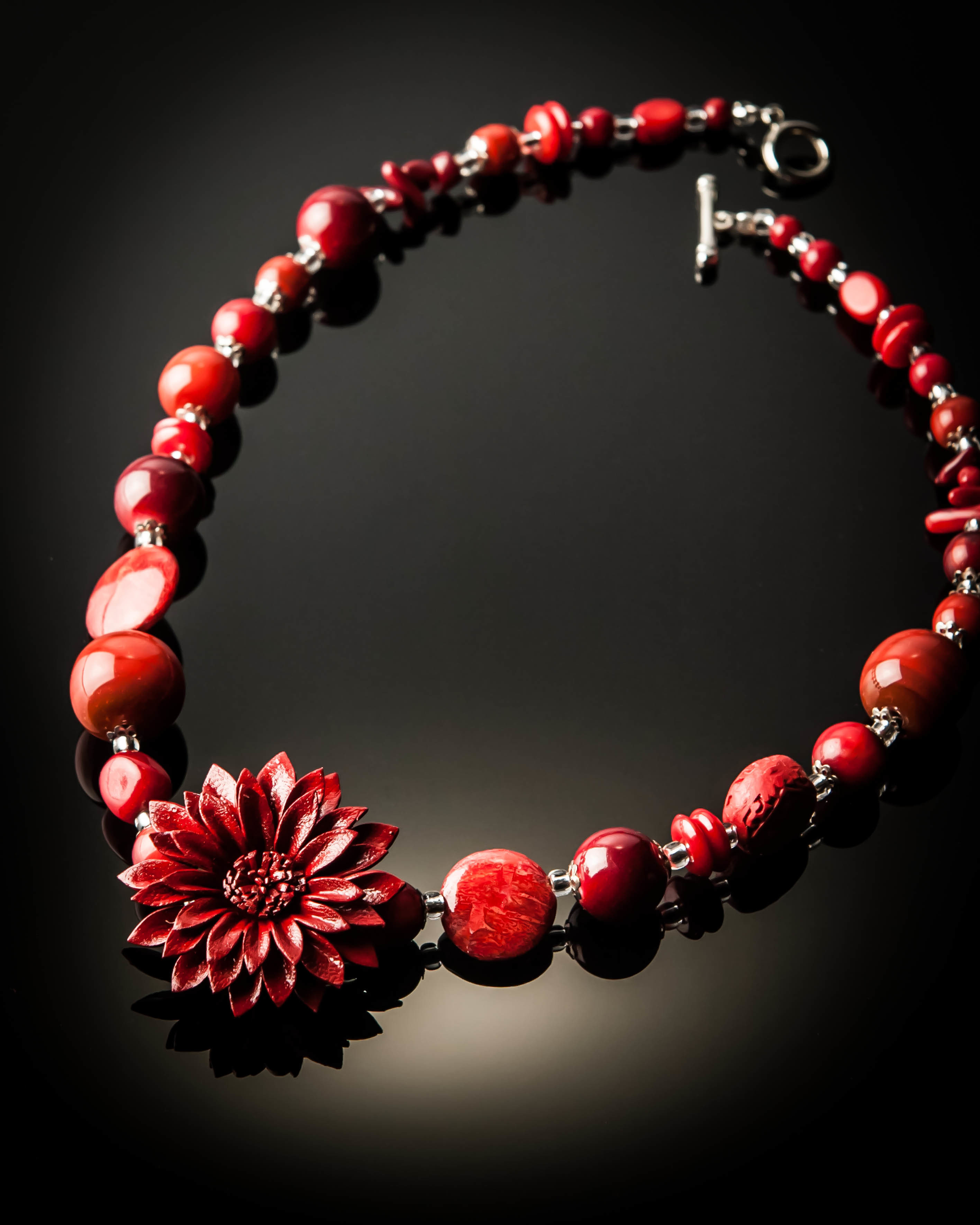 Red Coral Red Leather Flower Necklace 832