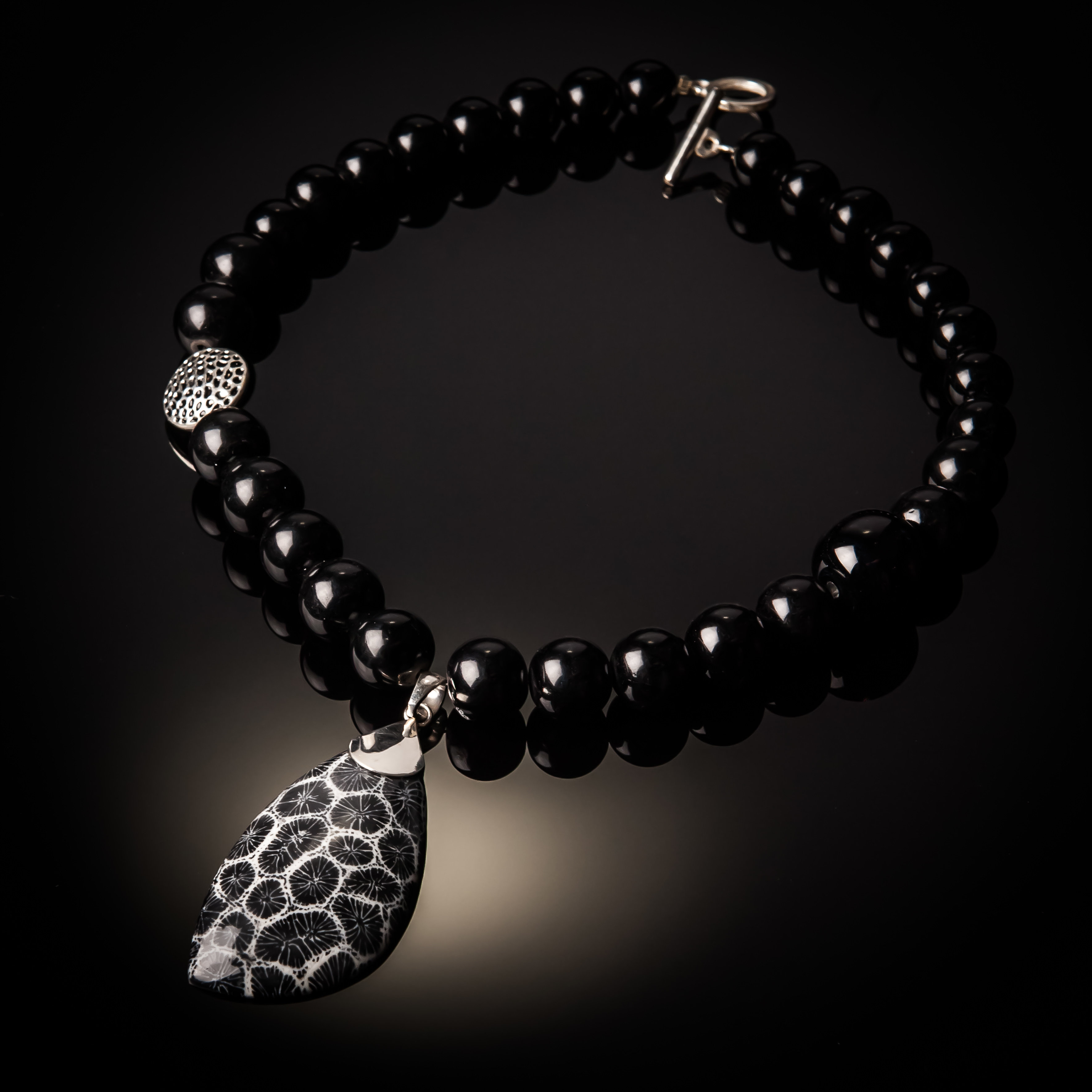 Black Coral Pendant With Black Agate Beads. NK-801