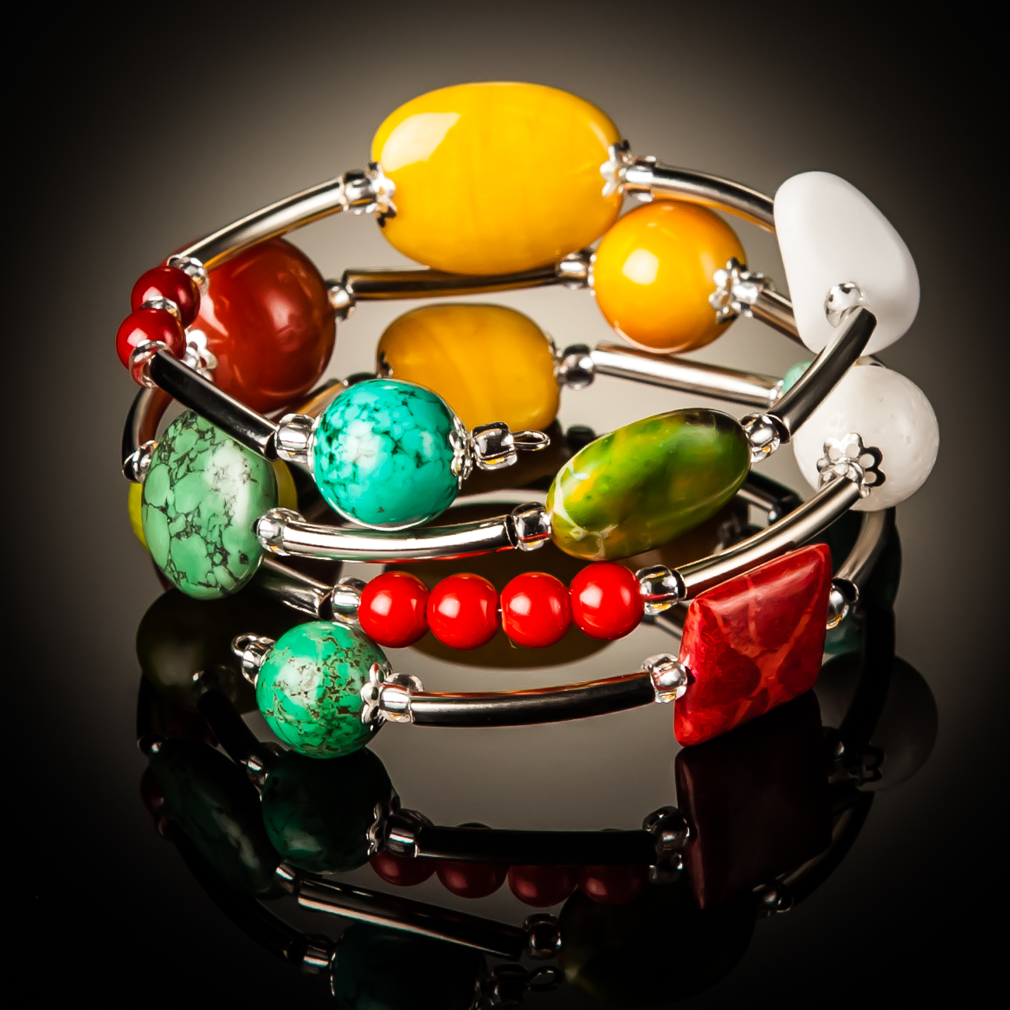 Turquoise Red Coral and Yellow Twist Bracelet 788