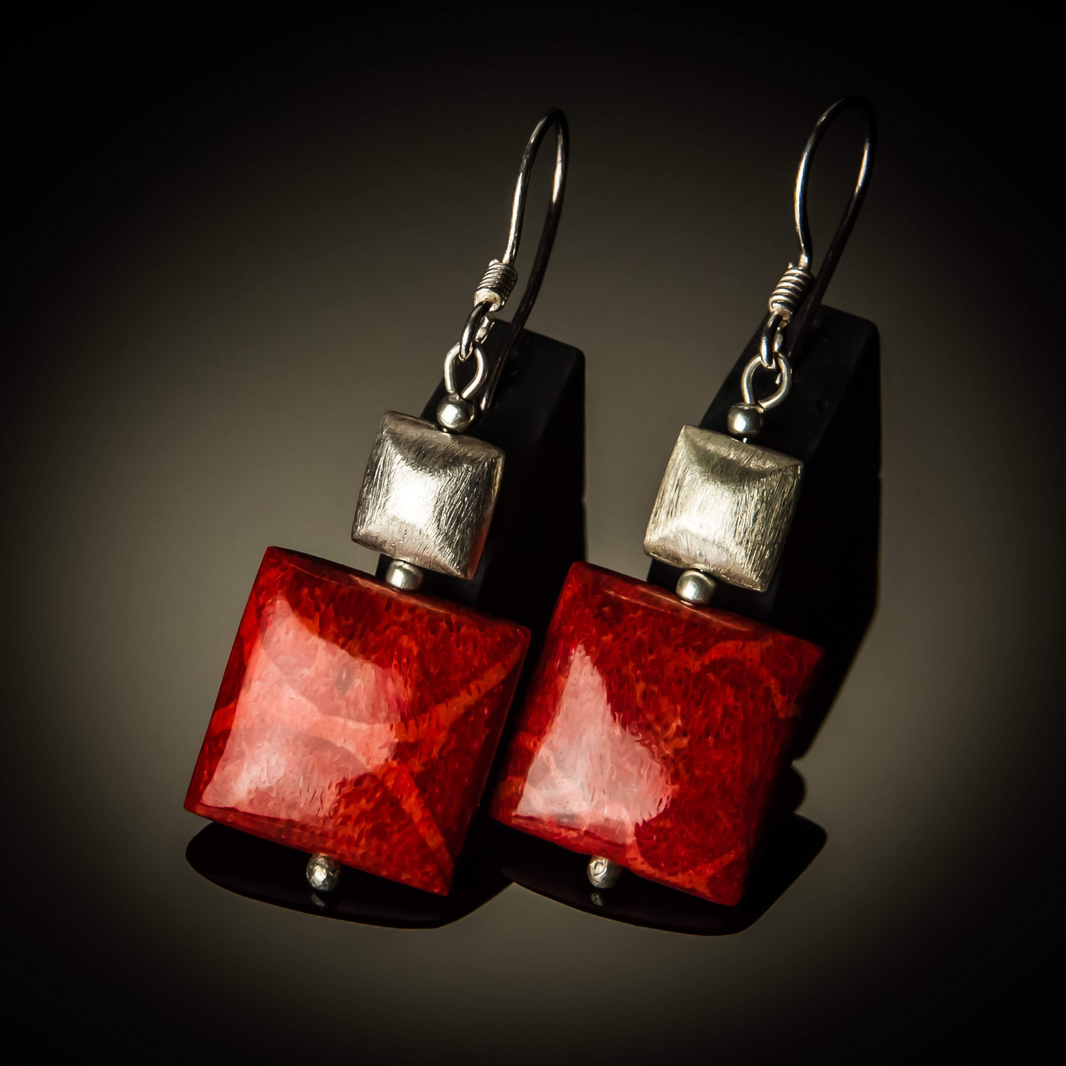 Red Coral Square Sterling Silver Earrings 658-C-ER-Red coral