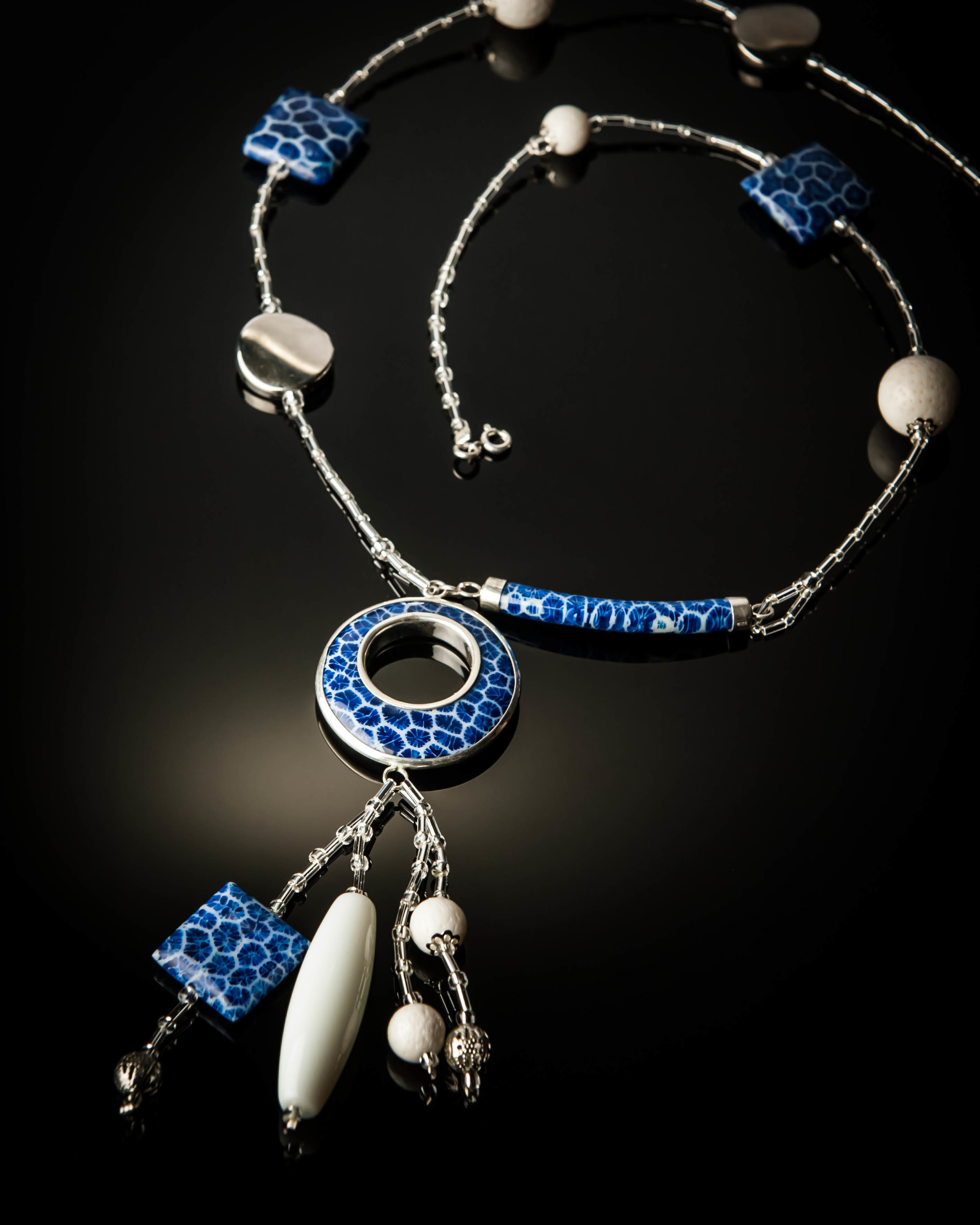 Blue Coral with Sterling Silver Mother of Pearl Necklace 643B