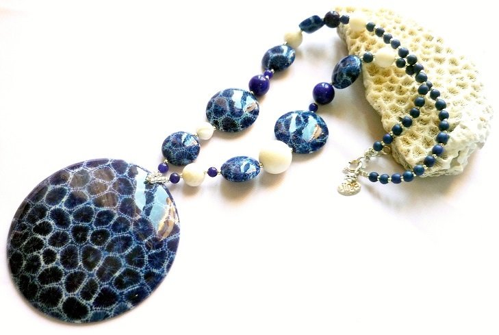 Blue Coral Pendant White Coral and Blue Coral Beads 1081