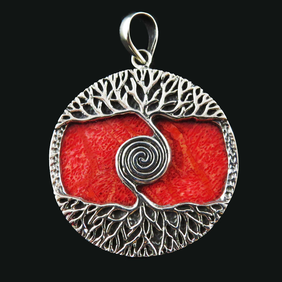 Red Coral Sterling Silver Tree of Life Pendant P-APD-4021