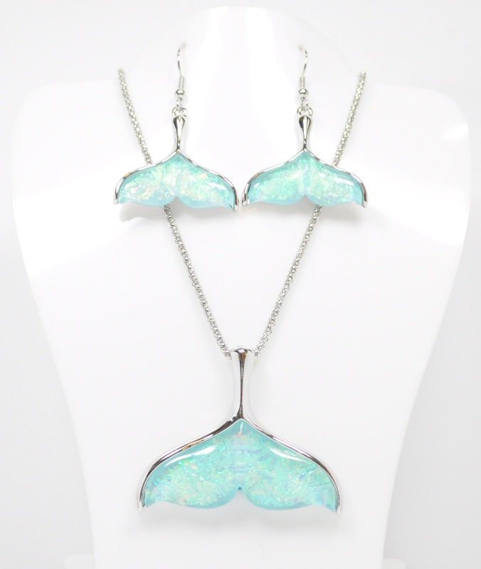 Light Blue Mermaid Tail Necklace and Earrings Set