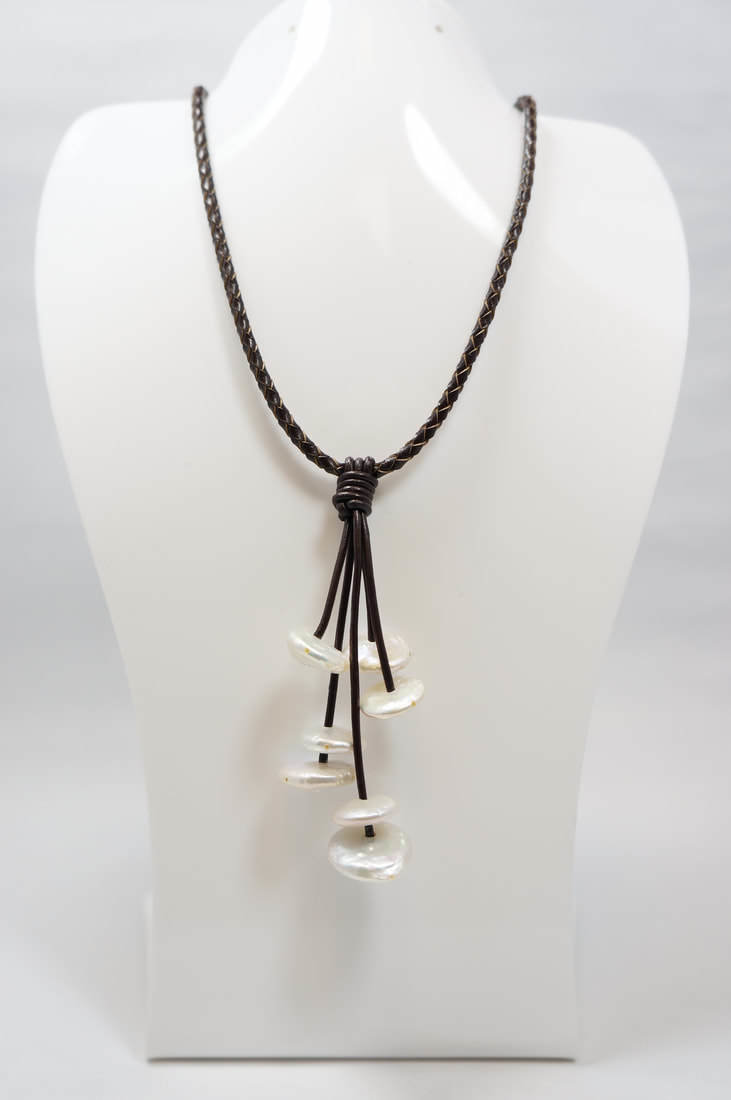 Black Leather with White Coin Pearl Necklace PLN-C1 B/W