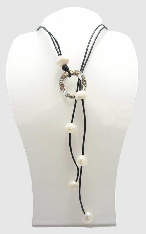 Gray Leather with White Pearl Lariat Necklace PLN-1 G/W