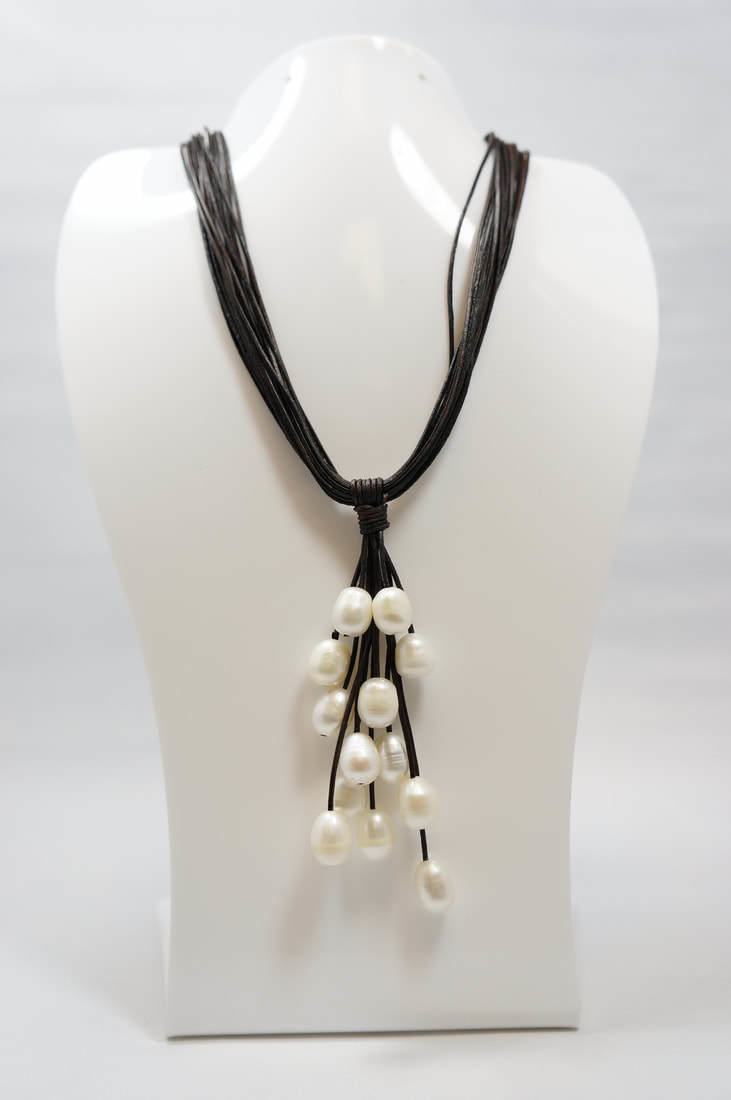 Black Leather with White Pearls PLN-3 B/W
