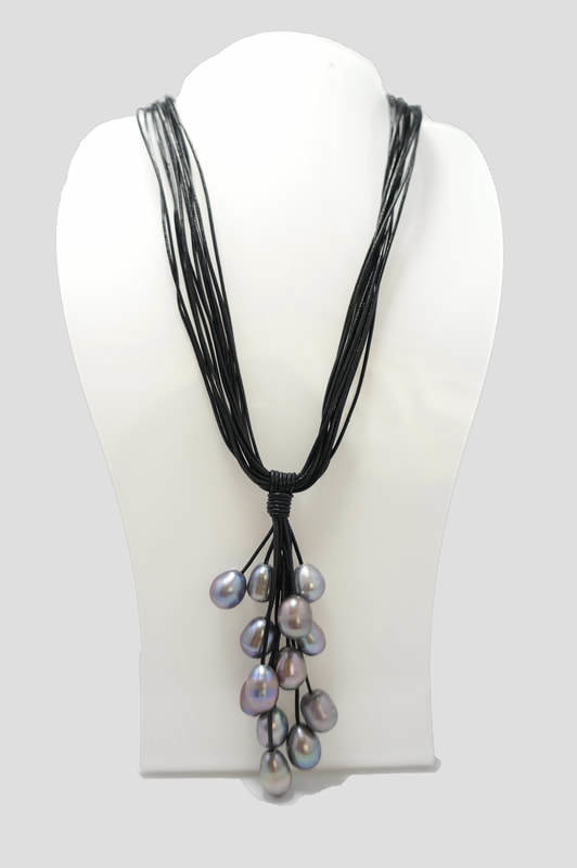 Grey Pearls with Black Leather