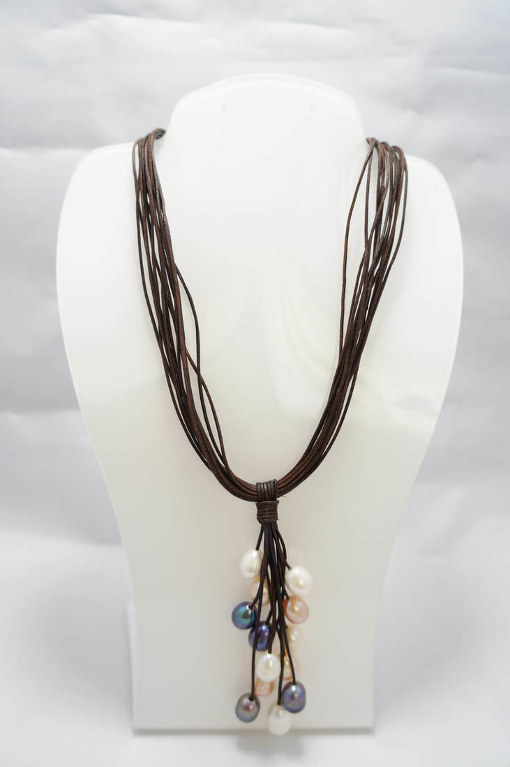 Grey, Pink, White Pearls with Brown Leather