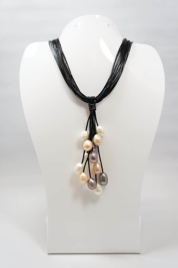Grey and Nude Pearls with Black Leather