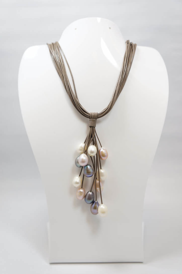 Grey and Nude Pearls with Tan Leather