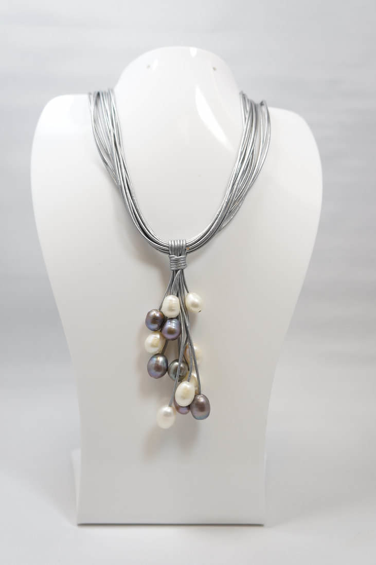 Grey and White Pearls with Silver Leather