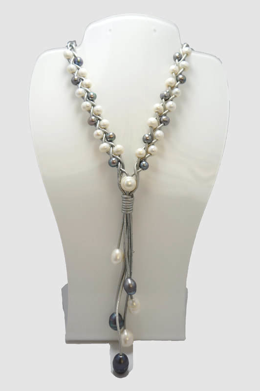 Gray Leather Braided with Gray and White Pearls PLN-5 G/W