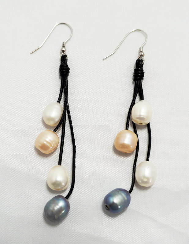 Black Leather with Multi-Color Pearls Earrings PLE-2 B/M