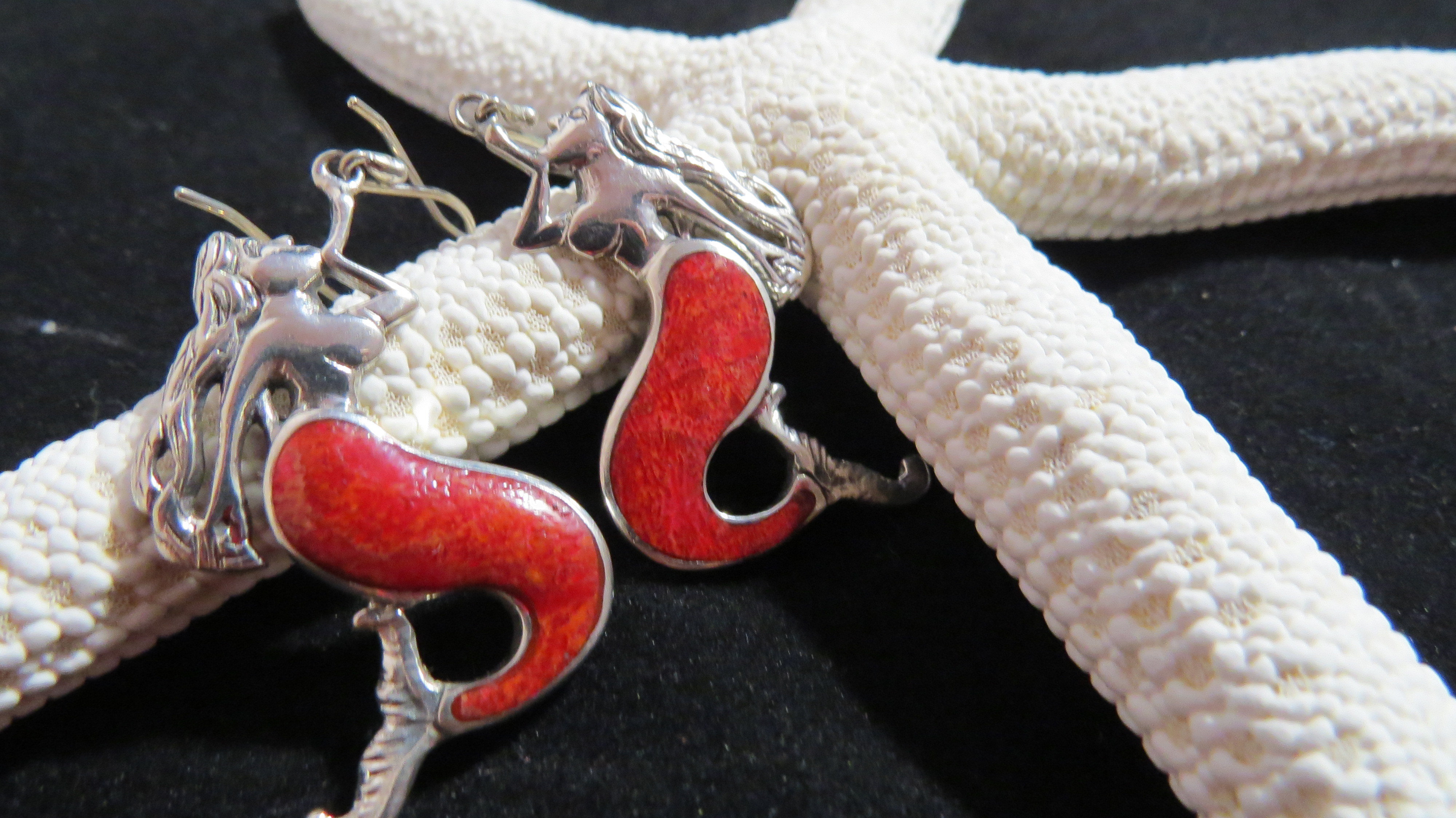 Red Coral Sterling Silver Mermaid Earrings AER-MER-Red Coral