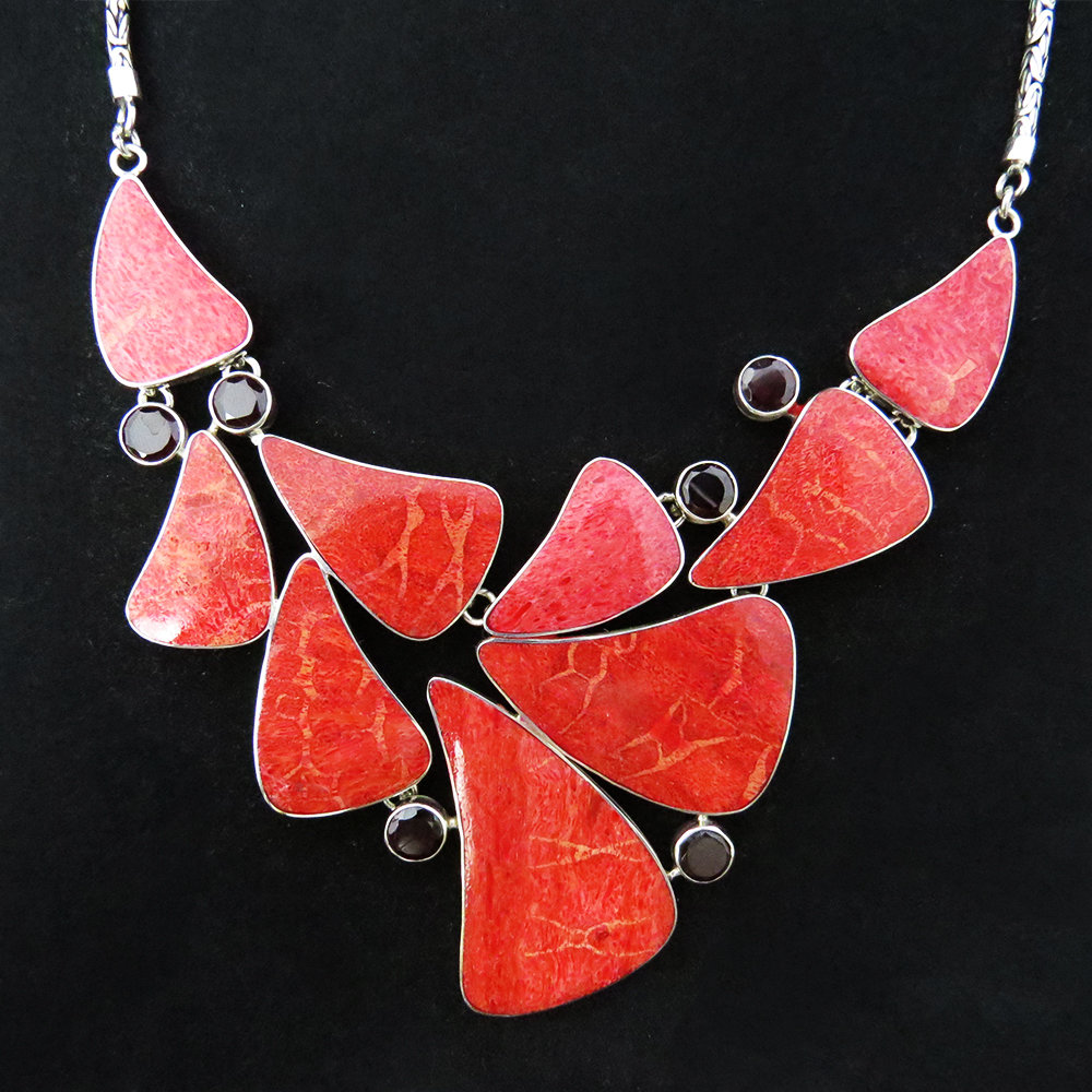 Red Coral with Garnet Sterling Silver Necklace AKL-778 Red Coral