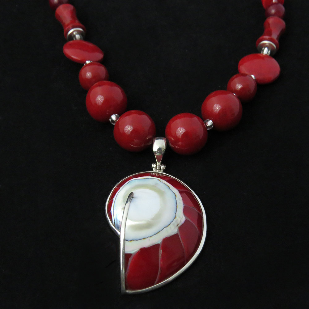 Red Coral Necklace with Nautilus Shell Penant NK-1300 Red Coral