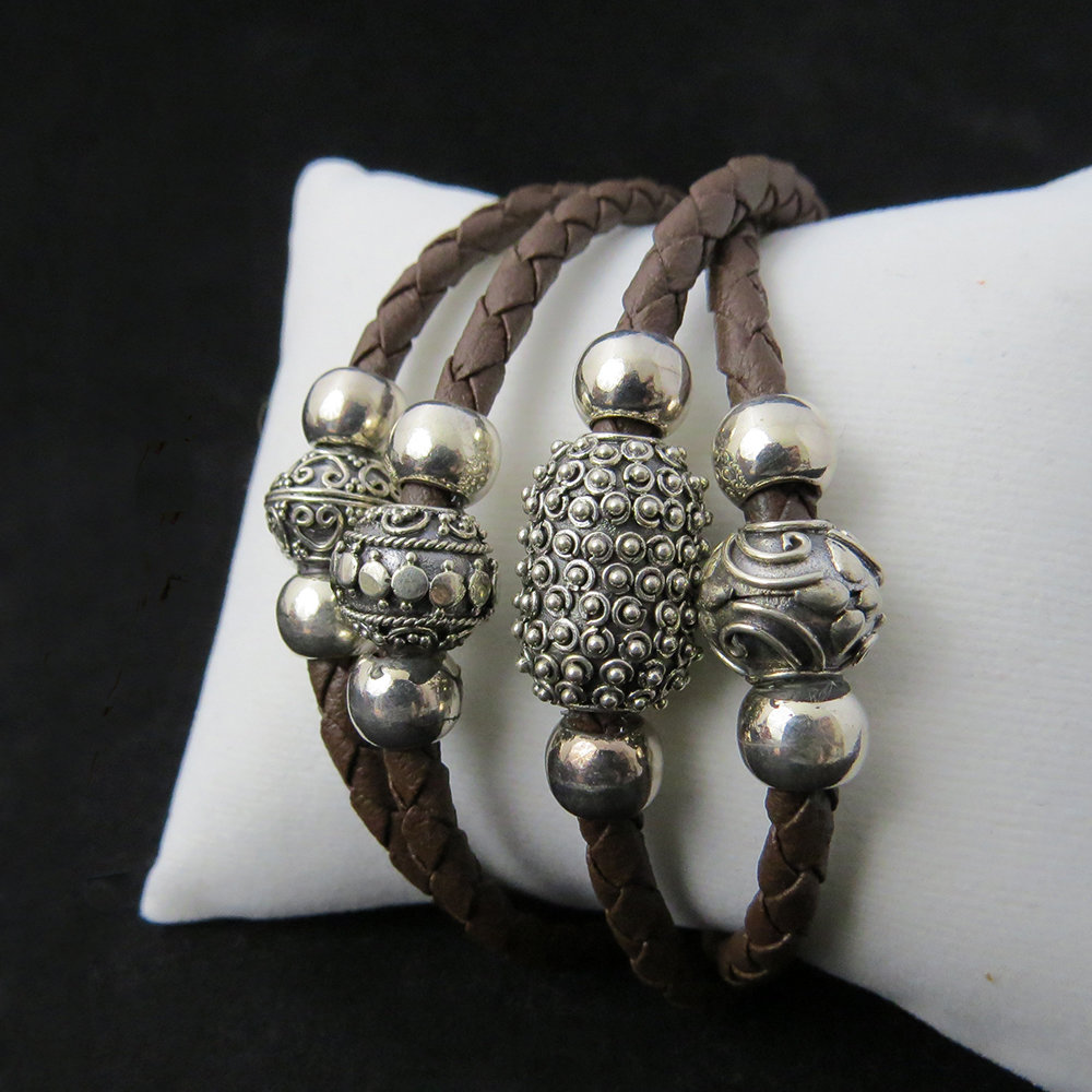 Brown Leather Bali Sterling Silver Beads BR-AGL-2339 Brown