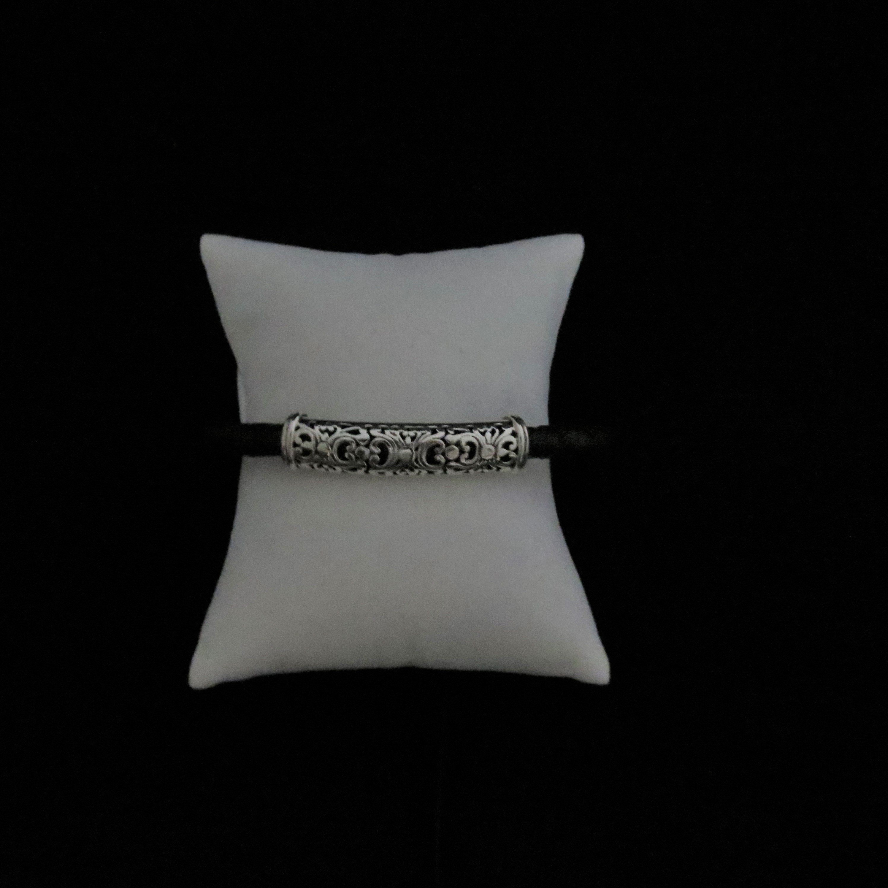 Sterling Silver Cutout Design with Black Leather Bracelet BR-AGL-1234RW