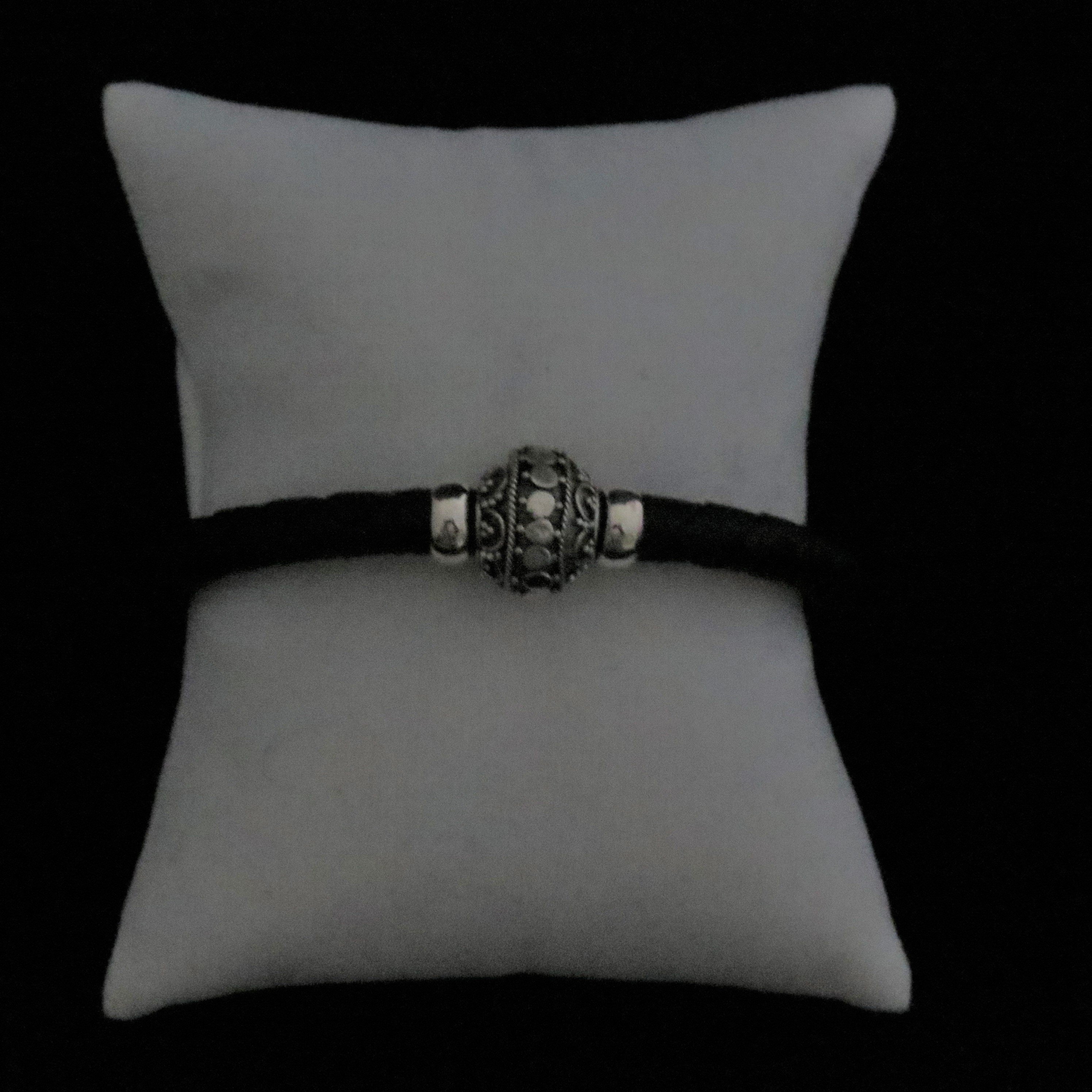 Sterling Silver Bali Designer Beads on Black Leather BR-AGL-2340 Mens