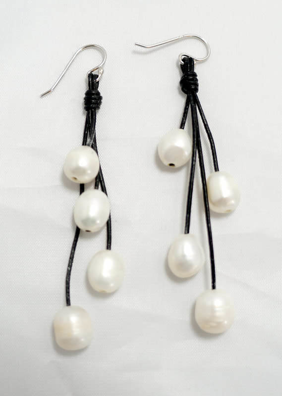 Black Leather with White Fresh Water Pearl Earrings PLE-2-B/W