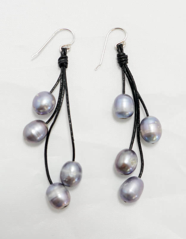 Black Leather with Gray Fresh Water Pearl Earrings PLE-2 B/G