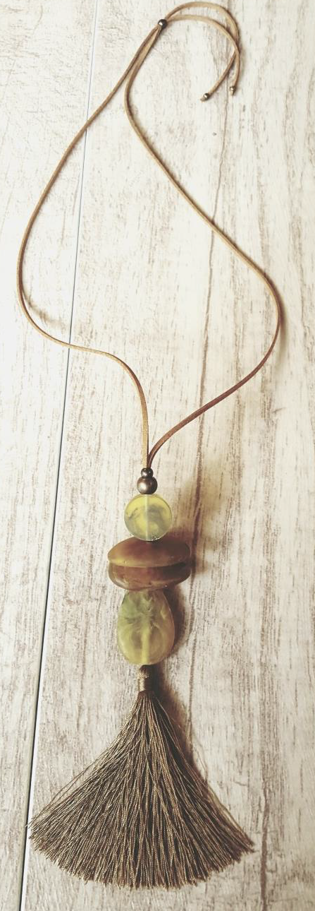 Brown Leather Antique Yellow Beads Brown Tassel NK-1387 BY