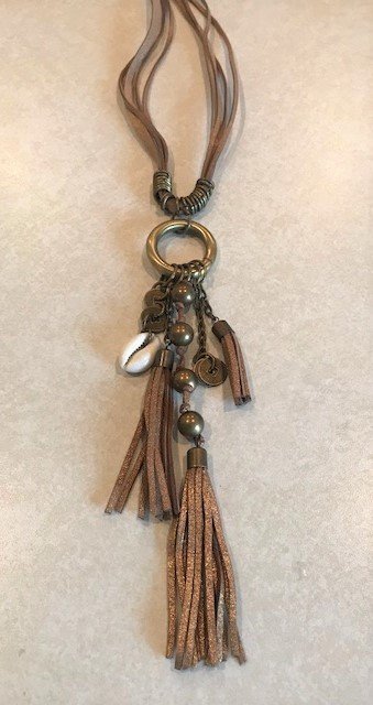 Boho Tan Long Leather Tassel Coin Necklace 1254-Tan