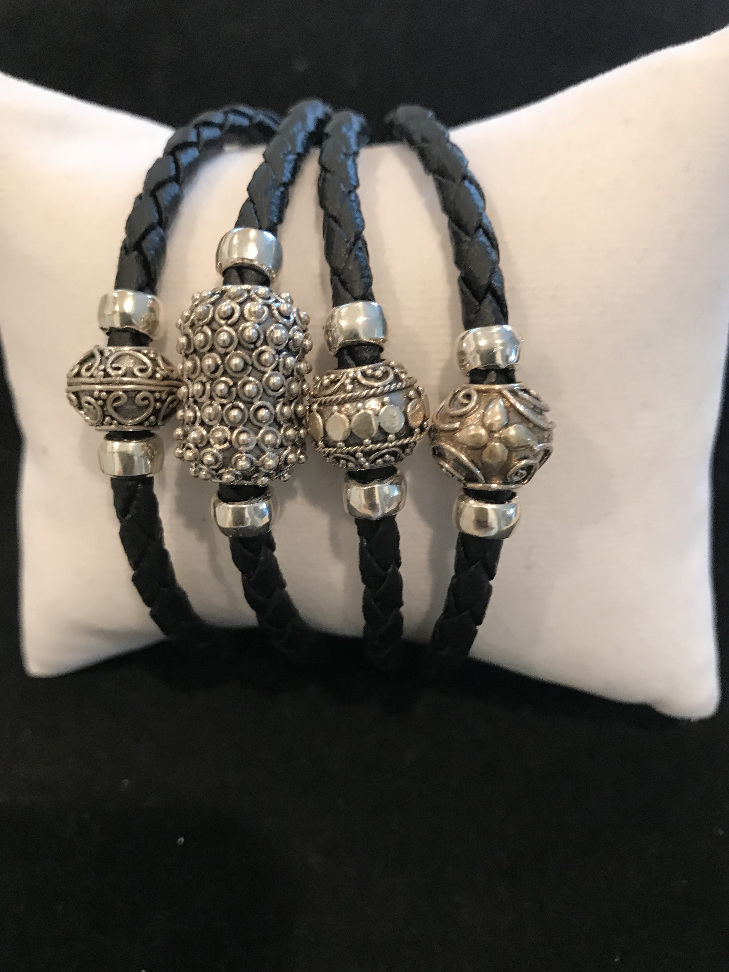 Black Leather With Bali SS Beads BR-AGL-2339 Black