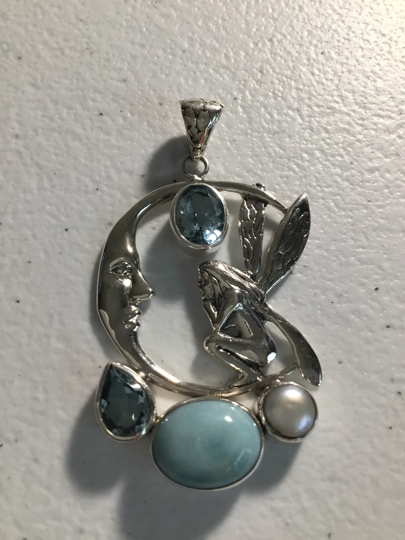 Sterling Silver Fairy With Larimar and Blue Topaz Pendant 102-PST-694
