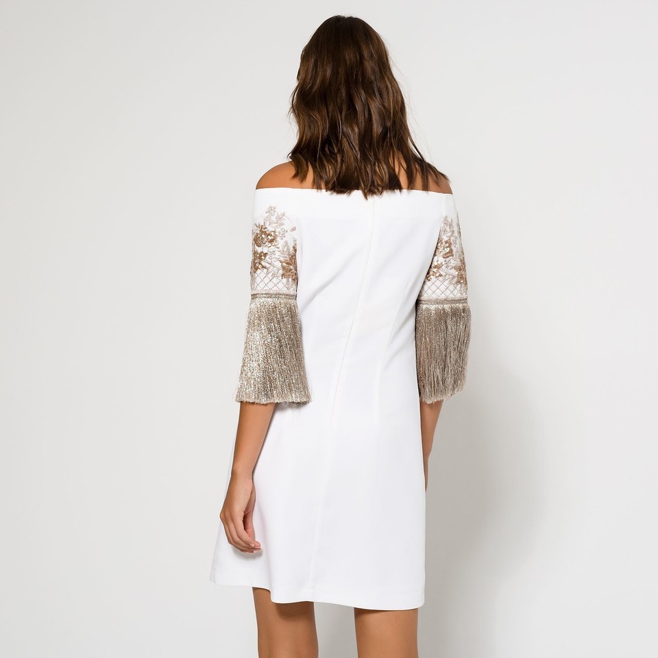 Ivory Strapless Dress with Antique Gold Fringing