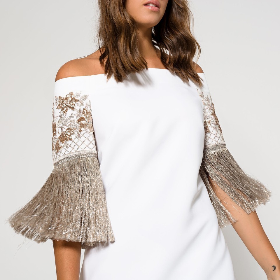 Ivory Strapless Dress with Antique Gold Fringing