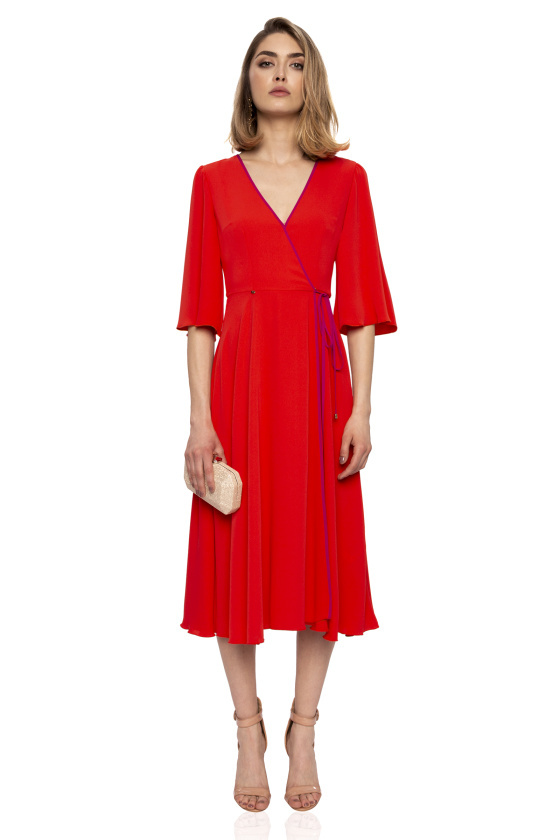 Trimming Midi Dress with Belt