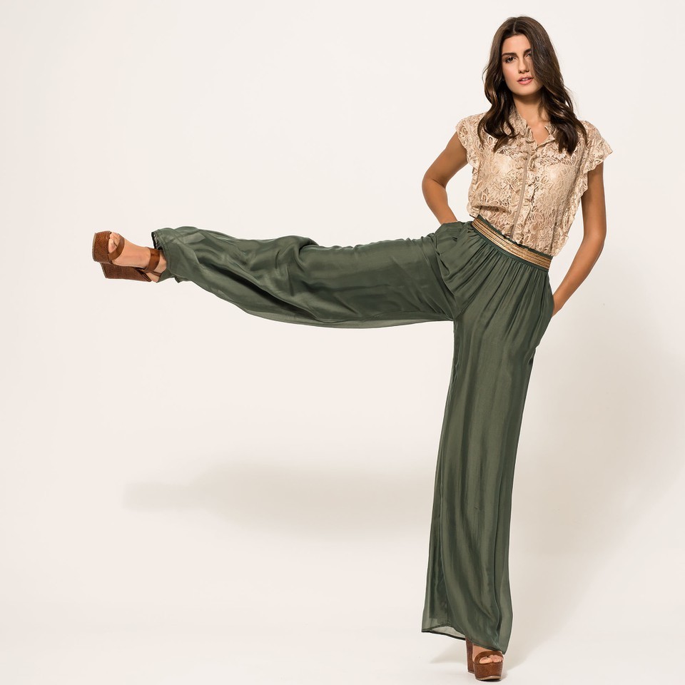 Silky Muslin Feel Khaki Trousers