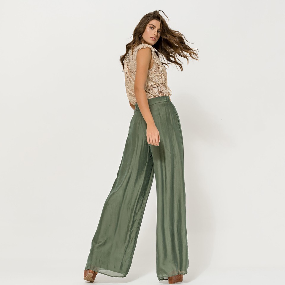 Silky Muslin Feel Khaki Trousers