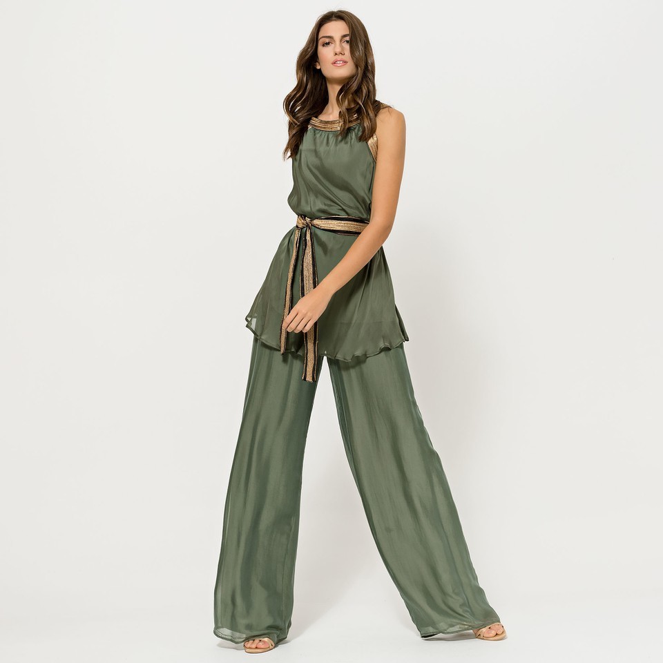 Silky Muslin Feel Khaki Trousers