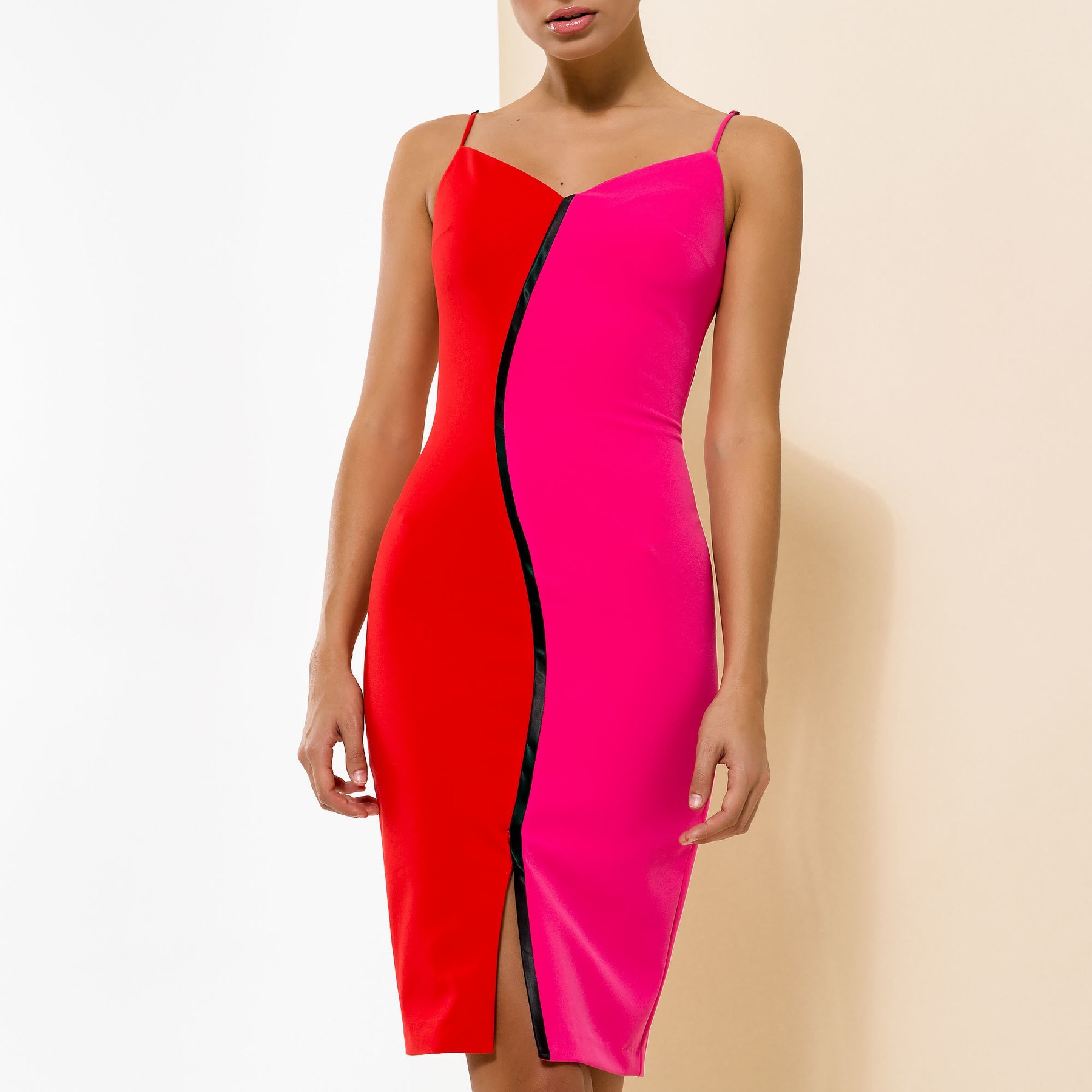 Bodycon dress in Red and Pink with Black Trim