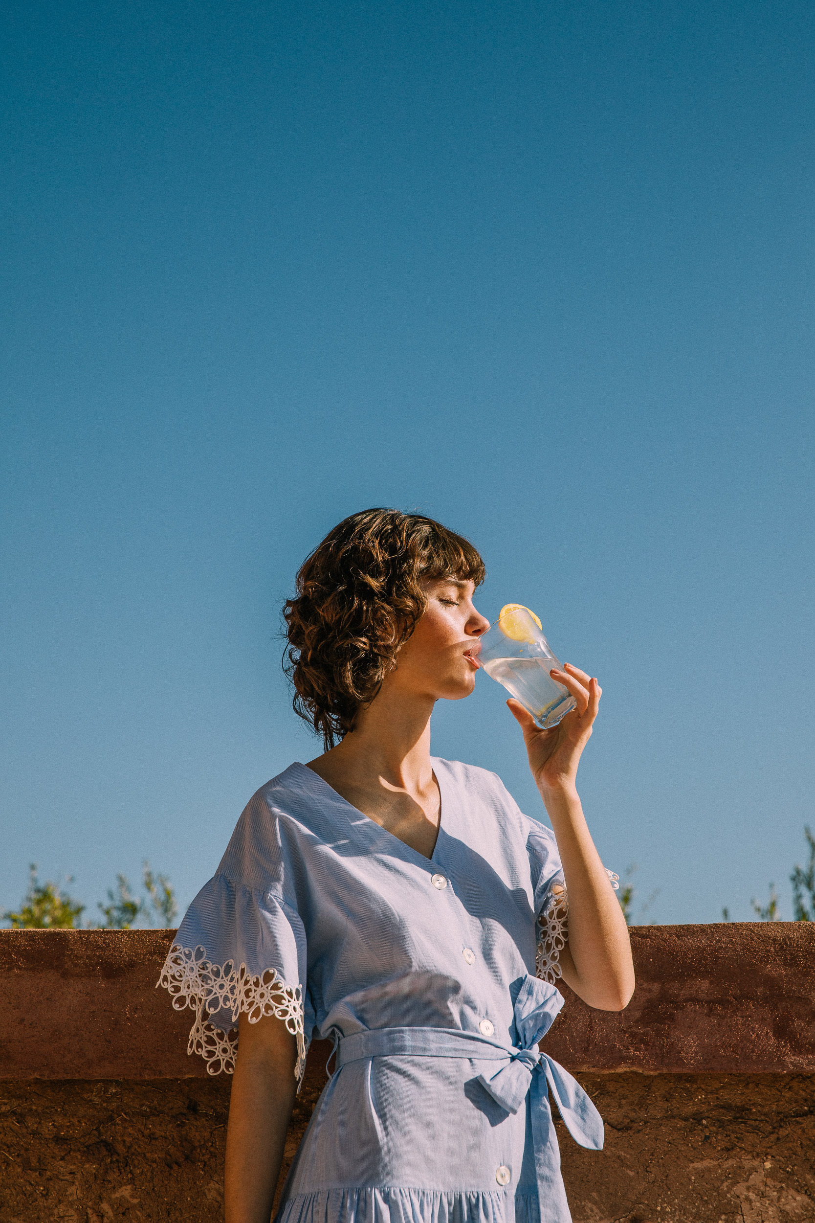 Effectif Dress in Pale Blue with Lace Anglais Detail