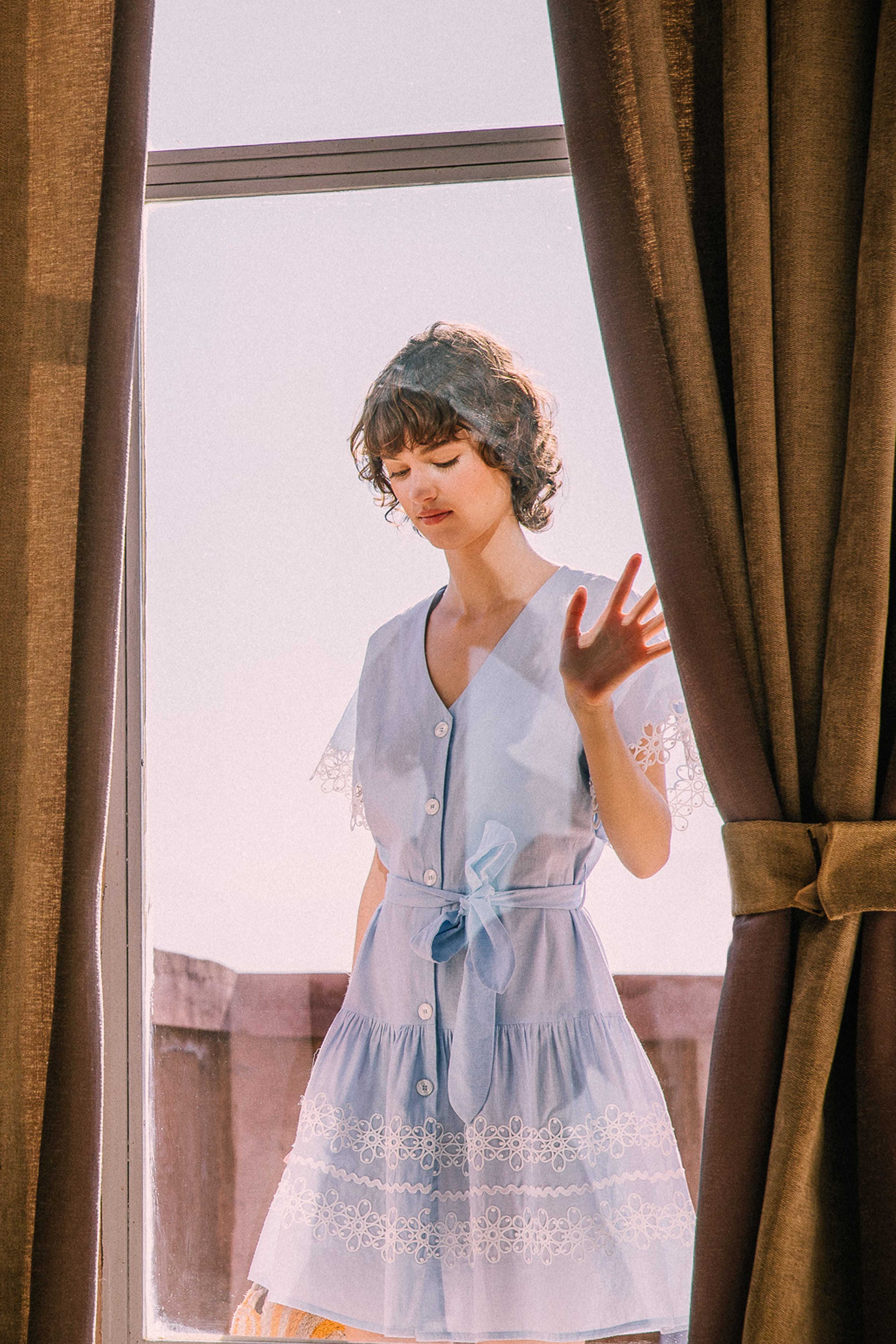 Effectif Dress in Pale Blue with Lace Anglais Detail