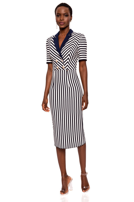 Navy and Ivory Striped Dress with Collar Detail