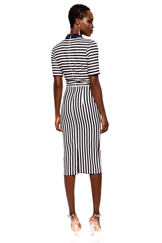 Navy and Ivory Striped Dress with Collar Detail