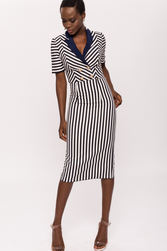 Navy and Ivory Striped Dress with Collar Detail NissaDR10591