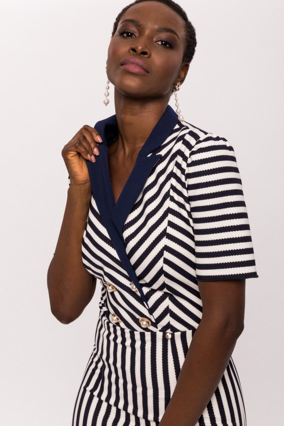 Navy and Ivory Striped Dress with Collar Detail